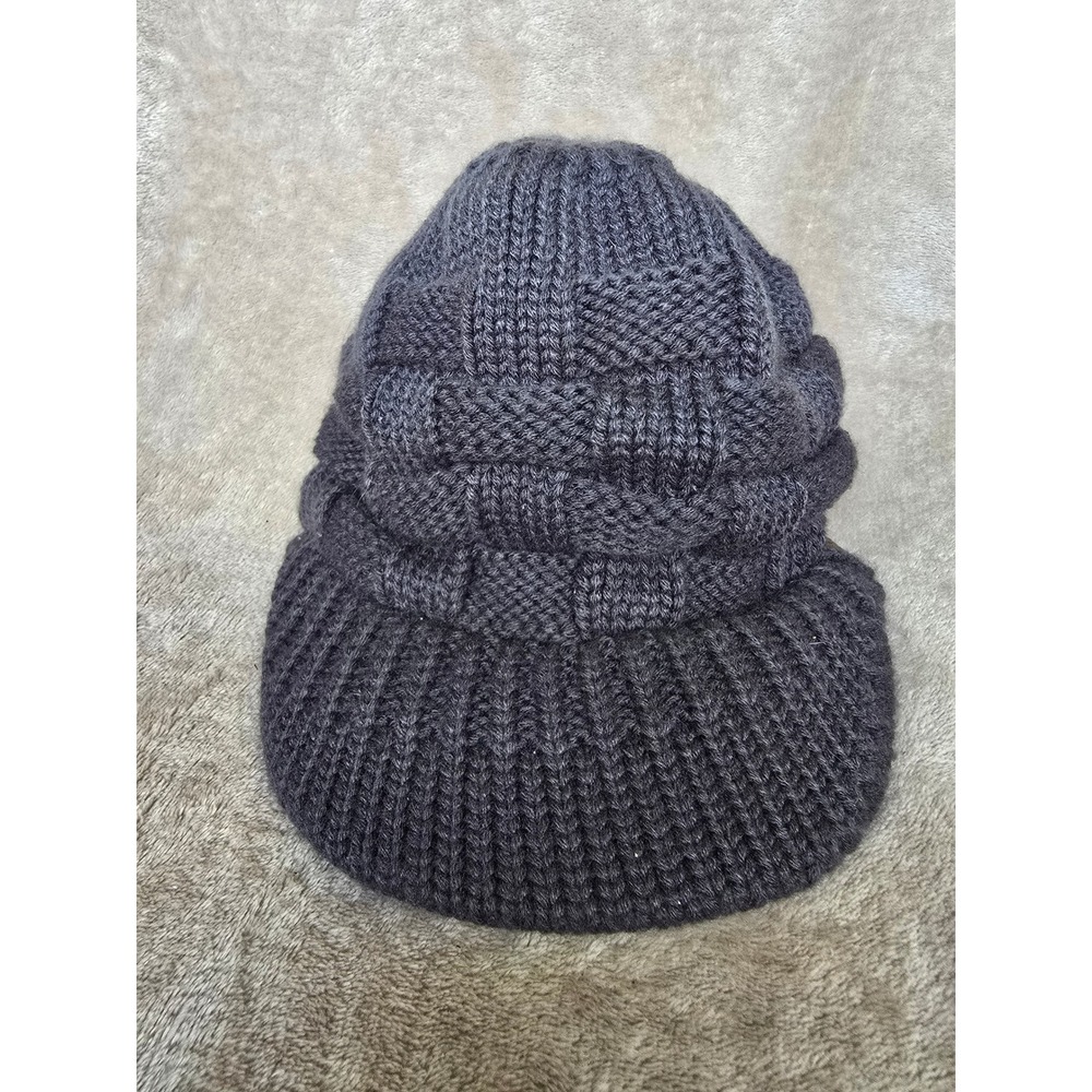 MOK Charcoal Grey Knit Ponytail Beanie Basket Weave Winter Hat Ribbed Brim